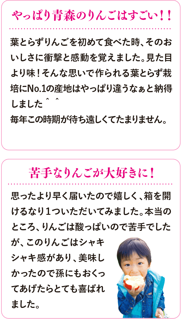やっぱり青森のりんごはすごい!葉とらずりんごを初めて食べた時、そのおいしさに衝撃と感動を覚えました。見た目より味!そんな思いで作られる葉とらず栽培にNo.1の産地はやっぱり違うなぁと納得しました。苦手なりんごが大好きに!毎年この時期が待ち遠しくてたまりません。苦手なりんごが大好きに!思ったより早く届いたので嬉しく、箱を開けるなり1ついただいてみました。本当のところ、りんごは酸っぱいので苦手でしたが、このりんごはシャキシャキ感があり、美味しかったので孫にもおくってあげたらとても喜ばれました。