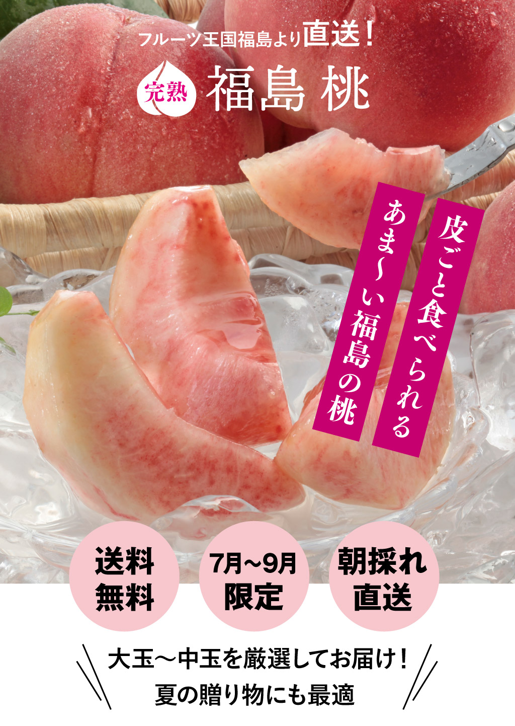 皮ごと食べられるあま〜い福島の桃を送料無料で7月〜9月限定、朝採れ直送でお届けします。