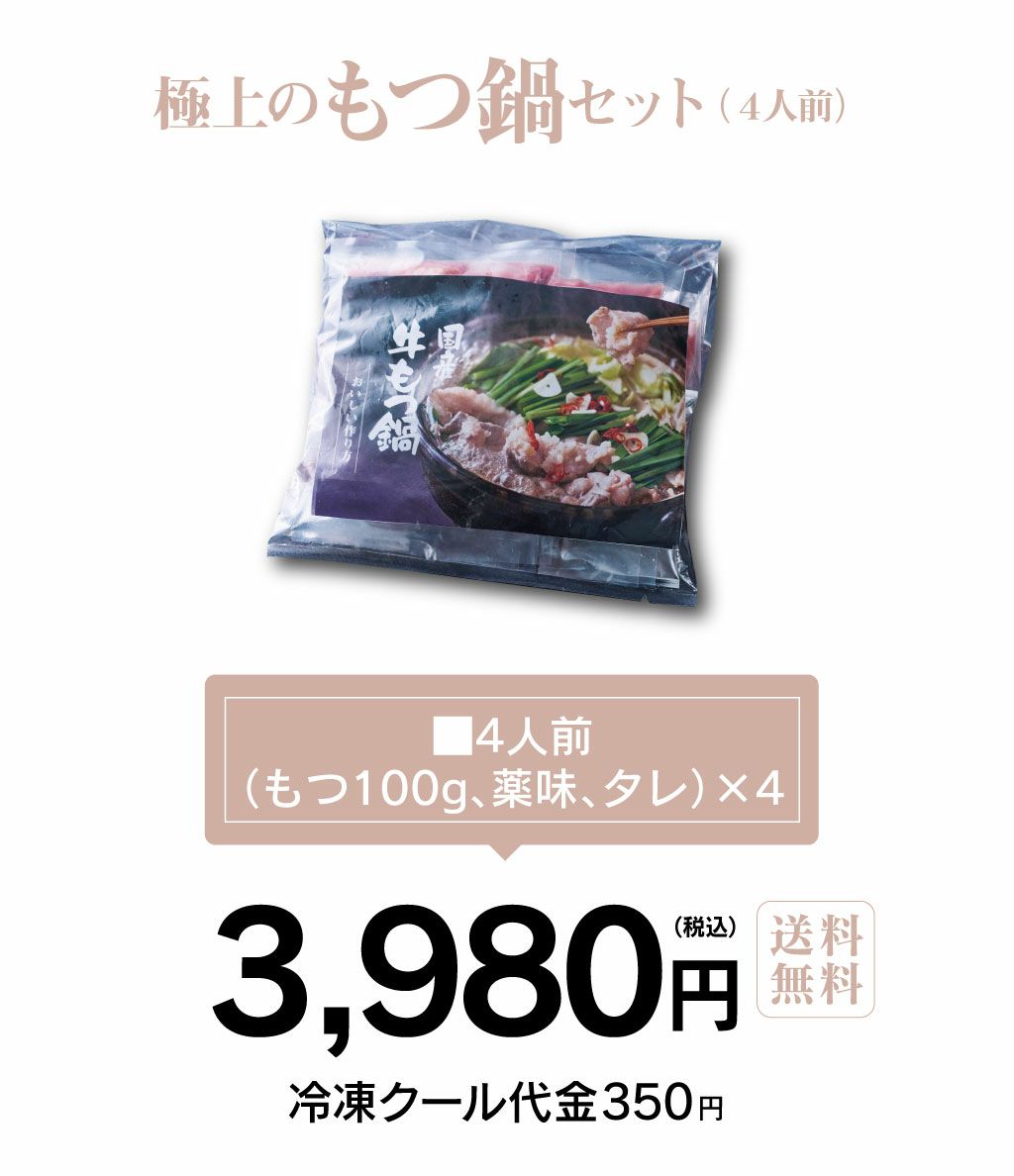 極上もつ鍋セット 4人前 送料無料 （クール代別） モツ鍋 国産牛