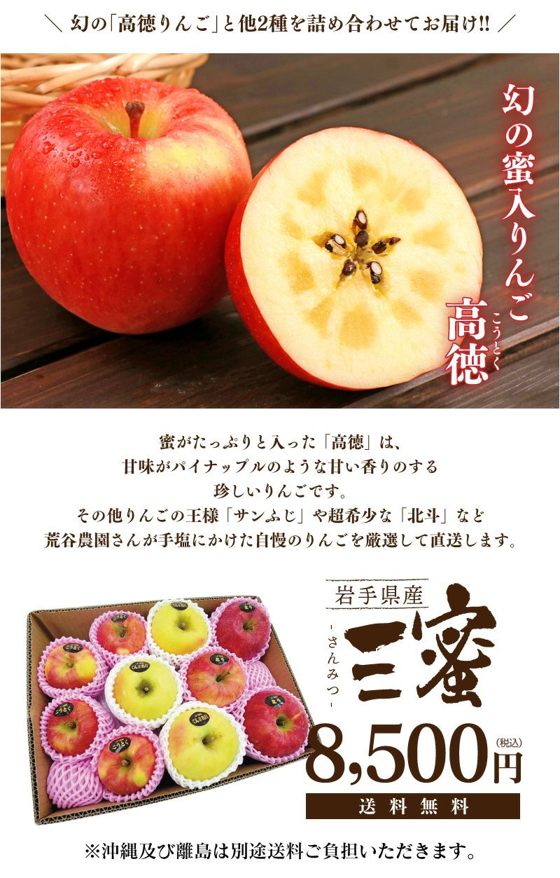 岩手産 りんご 三蜜セット 3kg 3種各1kg（約2-3玉前後） 送料無料 産地直送 果物 フルーツ　大嶌屋（おおしまや）